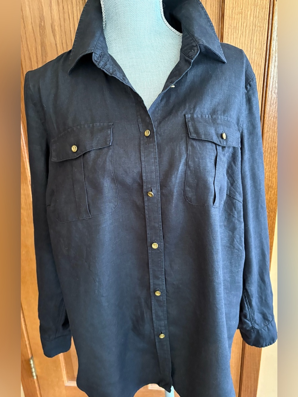 LAUREN Ralph Lauren Nautical Black 100% Linen Button Cuff Shirt EUC Size 1X XL